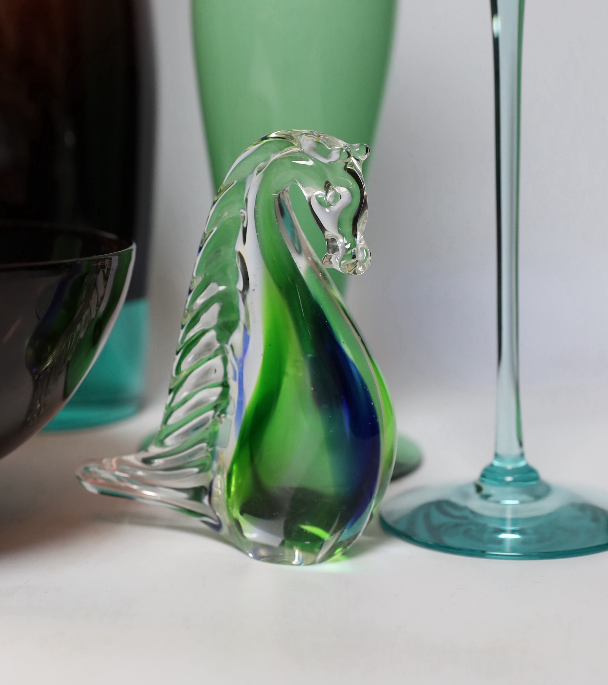 A quantity of various glass to include a Royal Copenhagen Harlekin glass decanter, two candlesticks, another pair of candlesticks, a bowl etc.